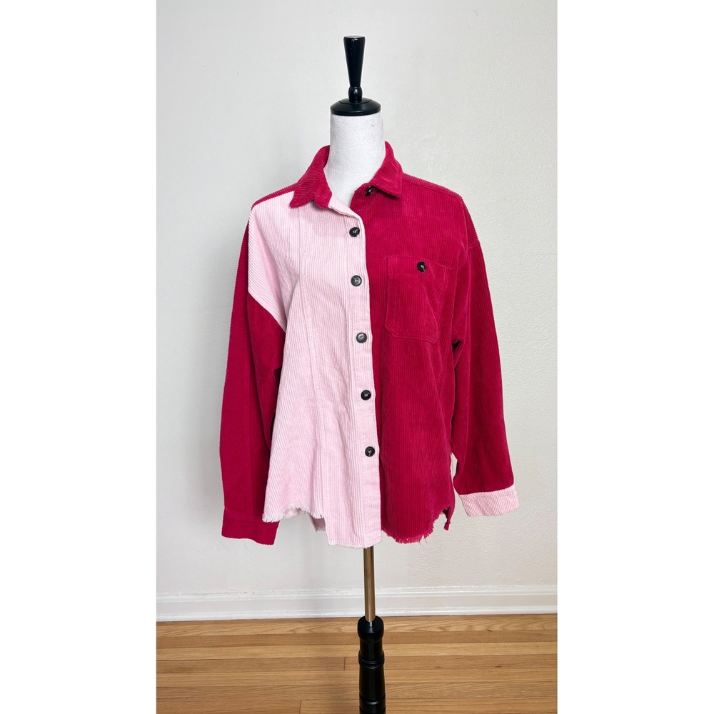 GeeGee Pink Colorblock Corduroy Distressed Oversized Button Up Top Size Small